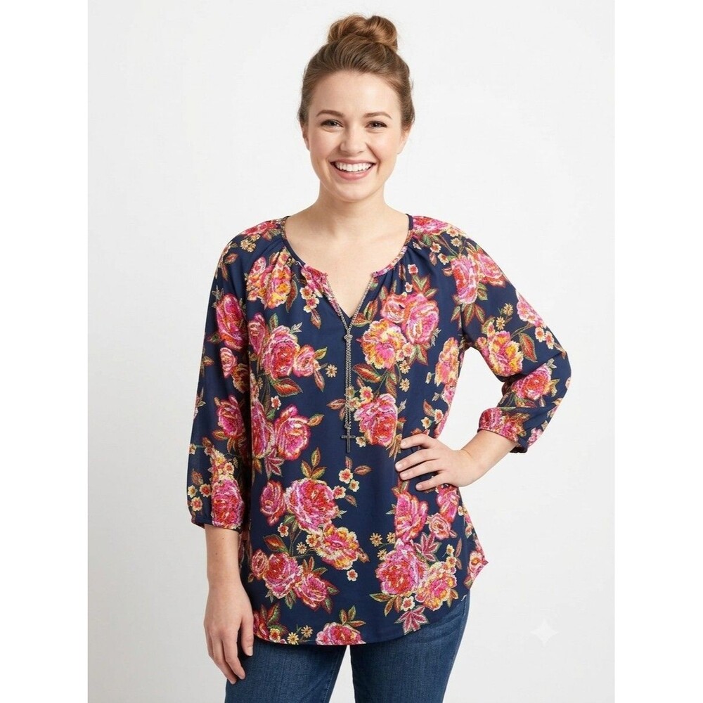 Sami & Jo Top 1X Pullover Navy Pink Floral Chain Link  3/4 Sl Cottagecore Boho